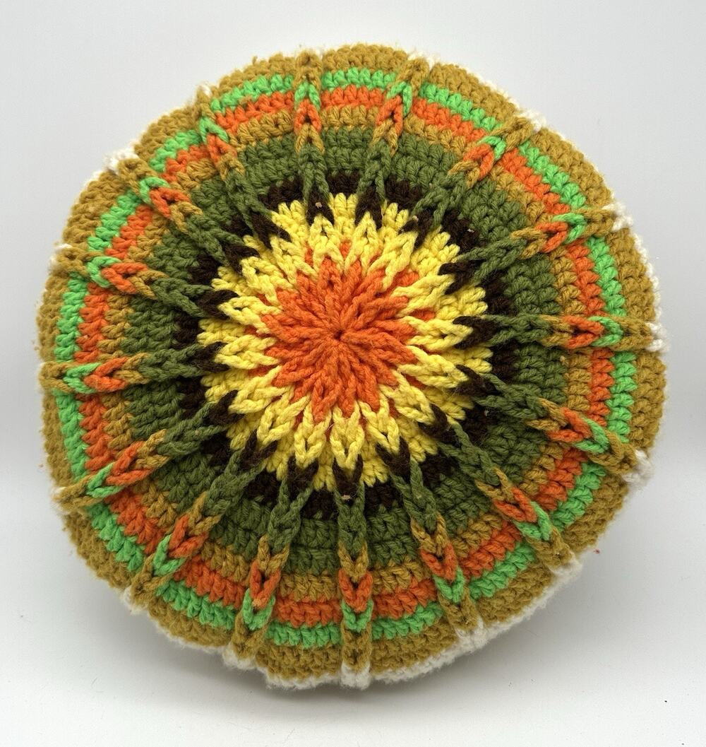 Vintage Handmade Crochet Throw Pillow Round MCM 70s Orange Green Yellow